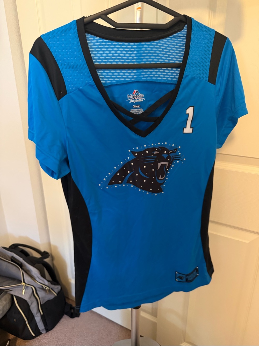 Majestic Carolina Panthers Blue and Black V-Neck Fan Jersey